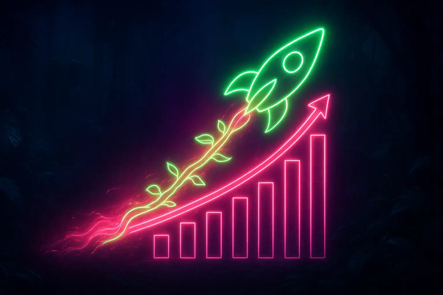 Rocket-shaped vine climbing a rising multiplier chart against a neon jungle backdrop