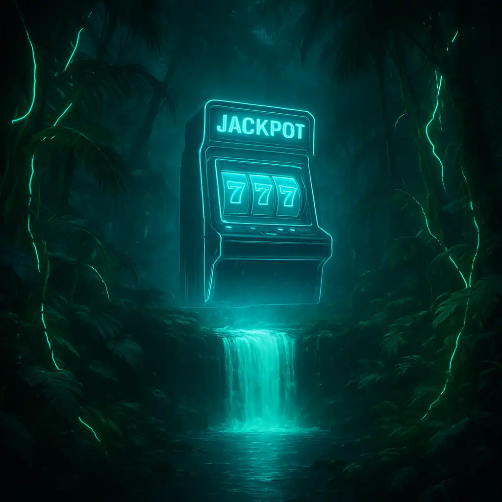 Holographic slot machine deep in a futuristic jungle with neon waterfalls