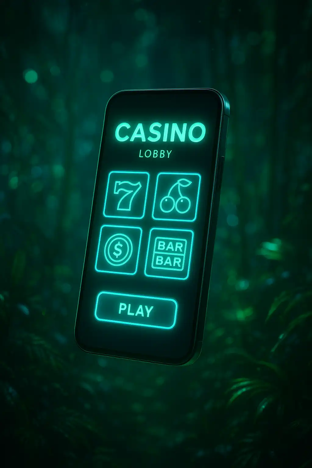 Smartphone showing the GambleGorilla mobile app lobby glowing with neon jungle graphics