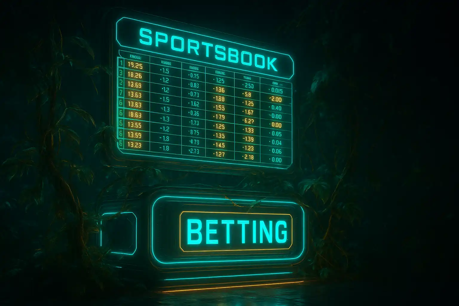 Holographic sportsbook odds board glowing above a jungle betting terminal