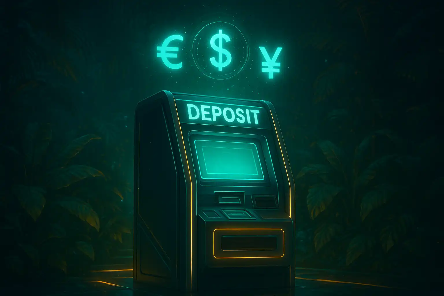 Neon deposit terminal glowing inside the jungle casino