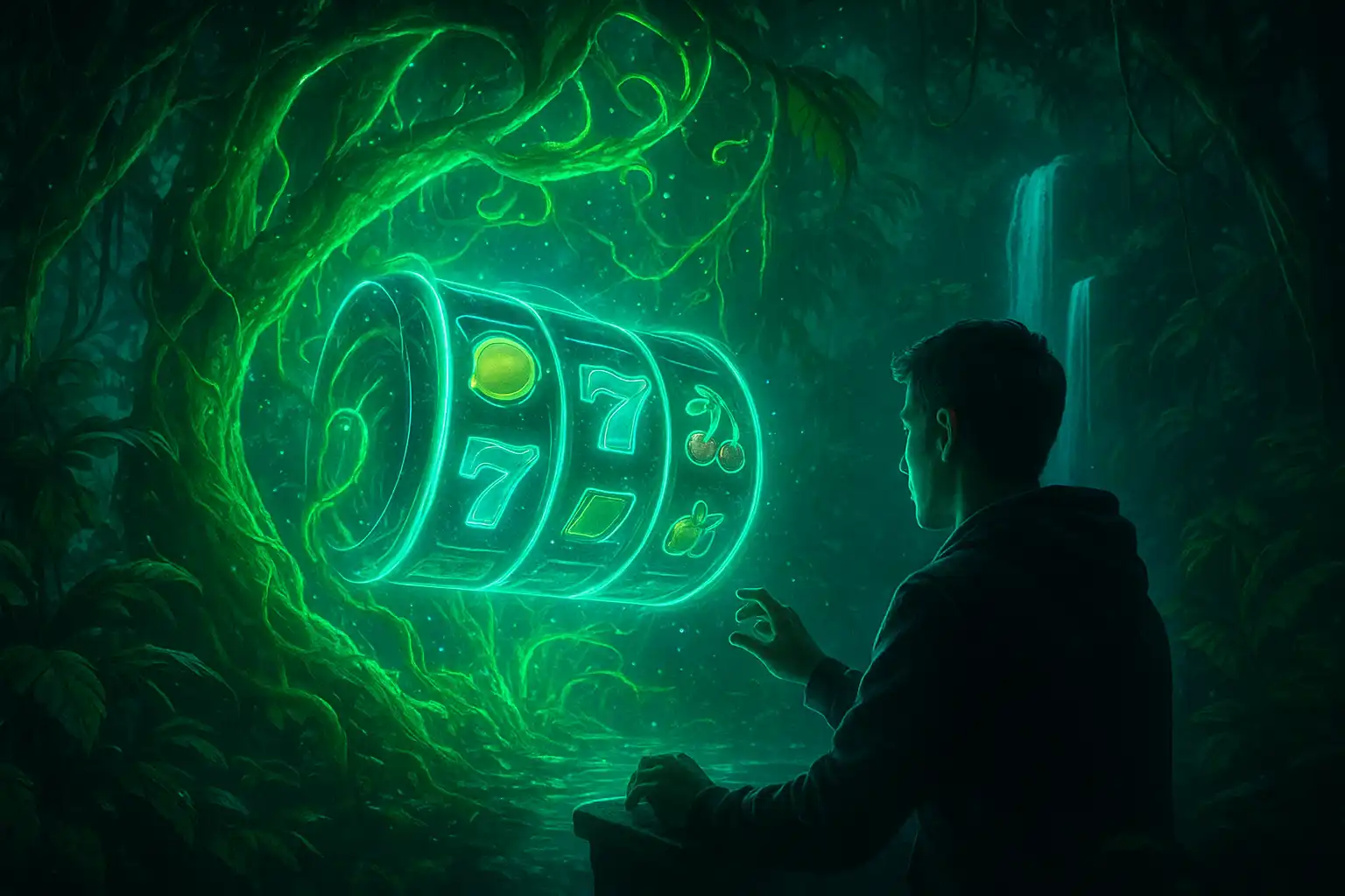 Player spinning holographic slot reels surrounded by neon vines