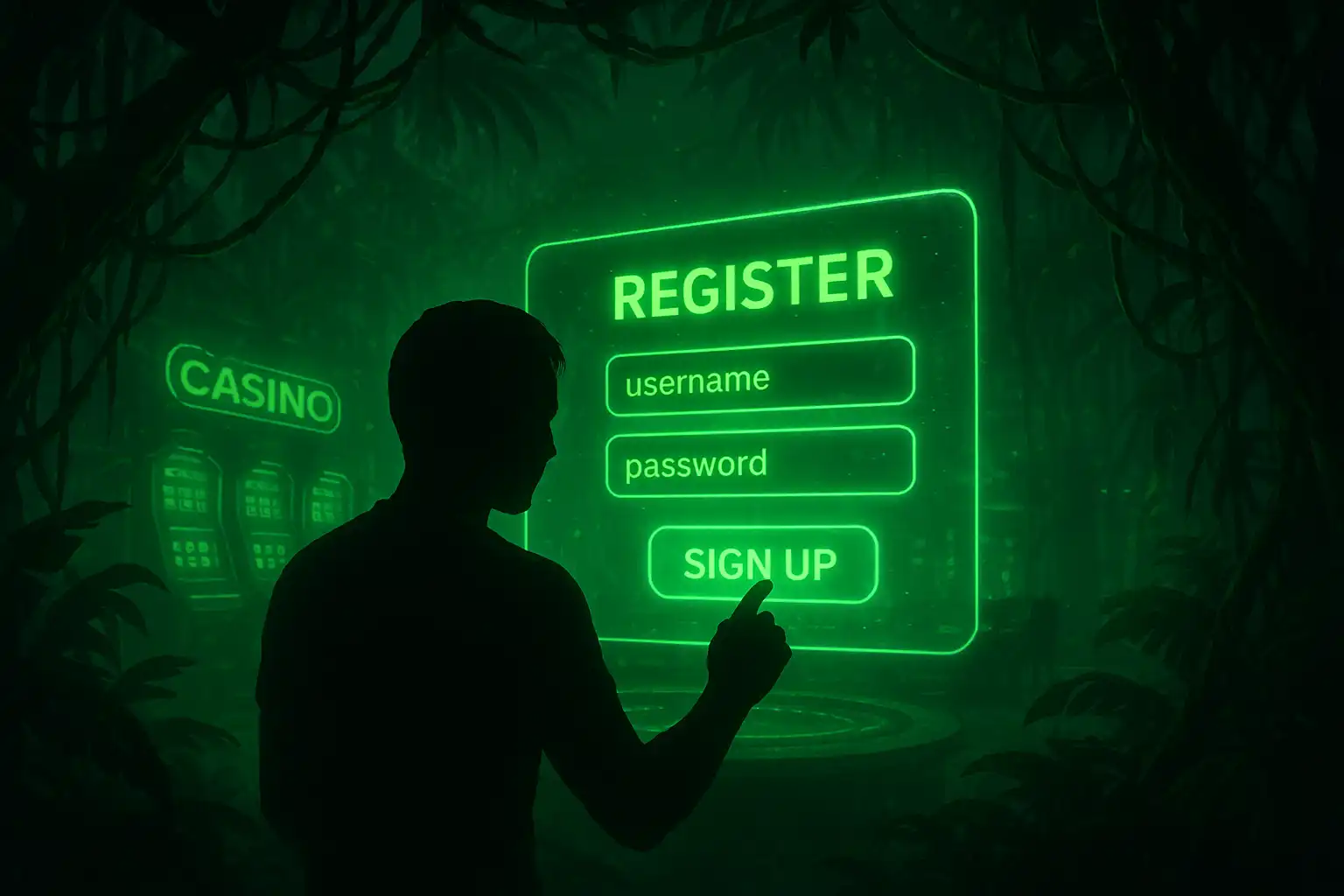 Player creating a GambleGorilla account on a holographic screen