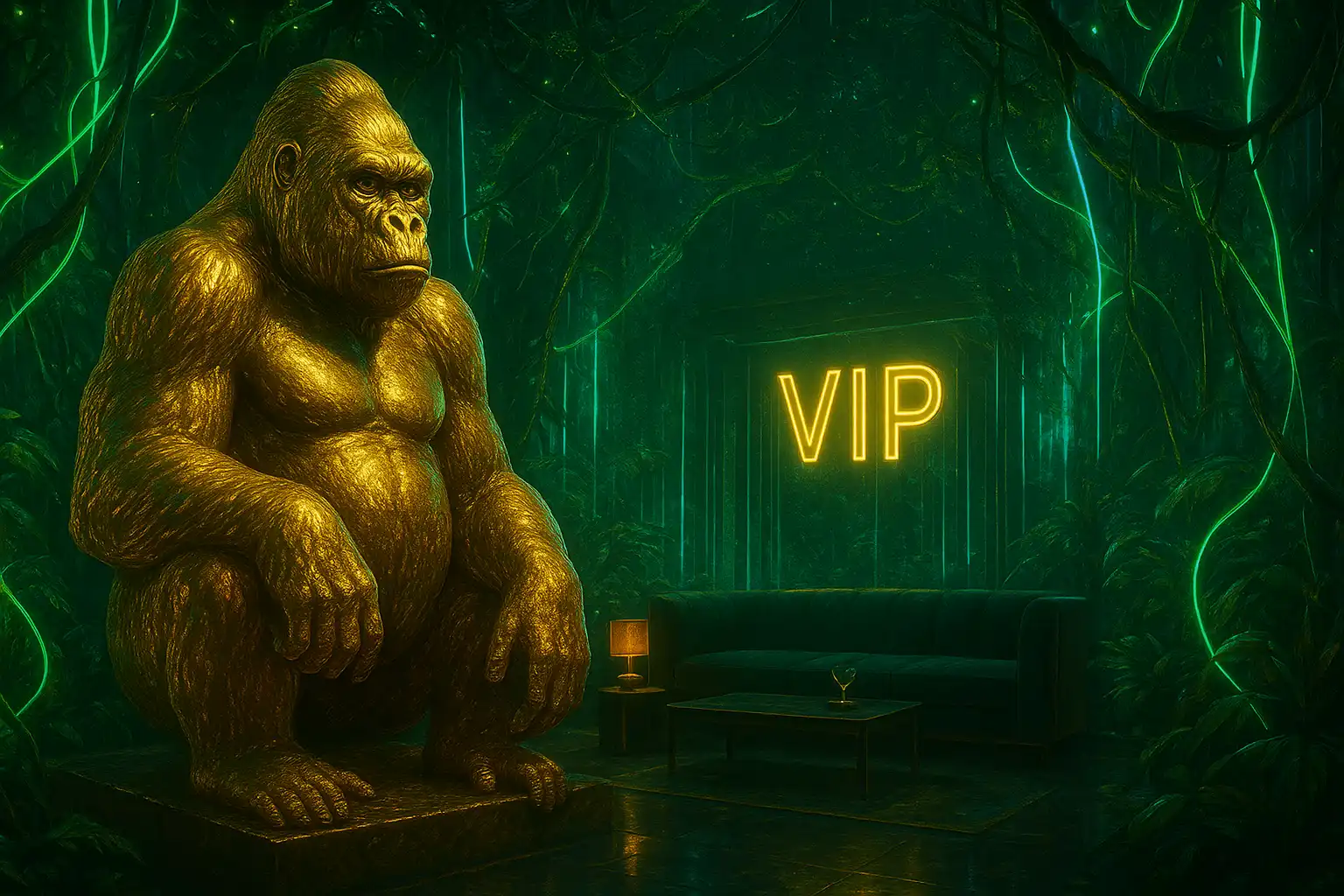 Golden gorilla statue guarding a VIP lounge lit by neon jungle lights